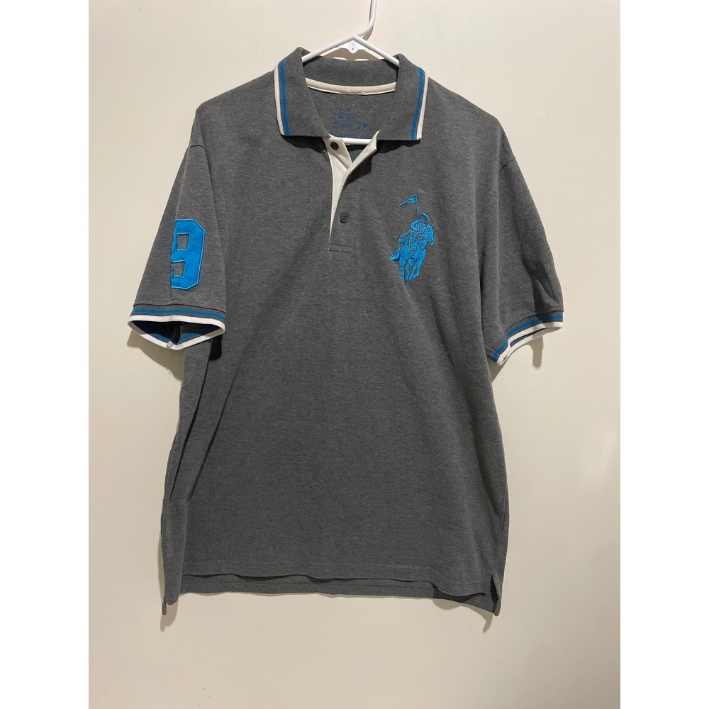 Franky Max Mens Polo Shirt Gray Blue Large Logo Short Sleeve Pique Size 2XL
